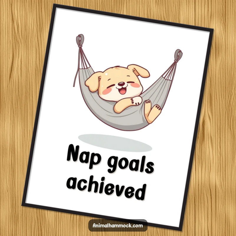 Funny Dog Poster, a delighted dog character blissfully napping in a stretched hammock, creating a vibe of pure relaxation.