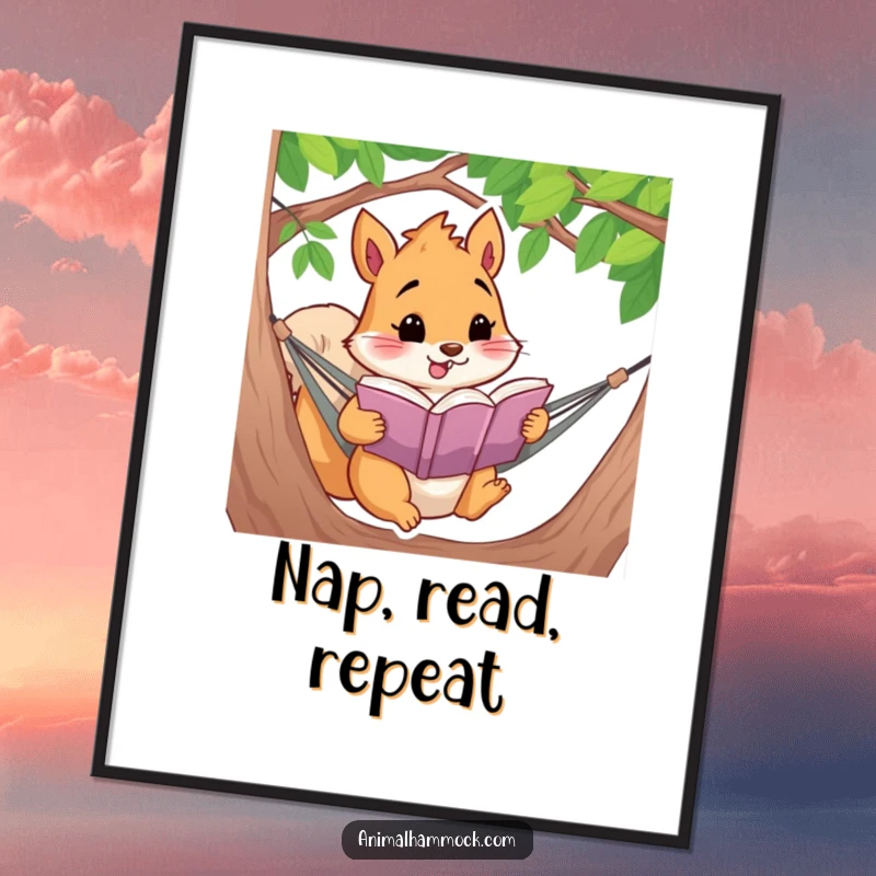 Funny, vibrant poster art of a squirrel enthusiastically reading a book while lounging in a hammock, perfect for wall decor.