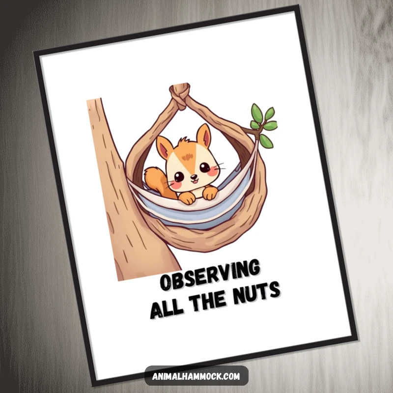 Funny poster showcasing a curious squirrel peeking from its hammock in a cozy nest, a piece of art that captures woodland serenity.