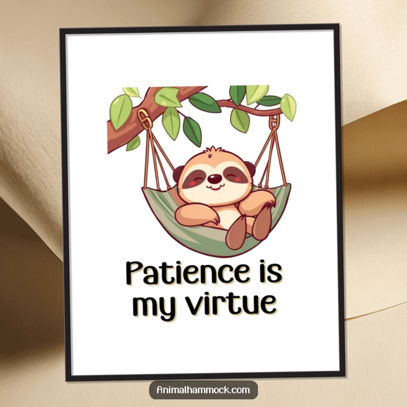 Funny sloth poster illustrating a cheerful sloth relaxing in a hammock, capturing the essence of slow living and humor. Great wall decor.