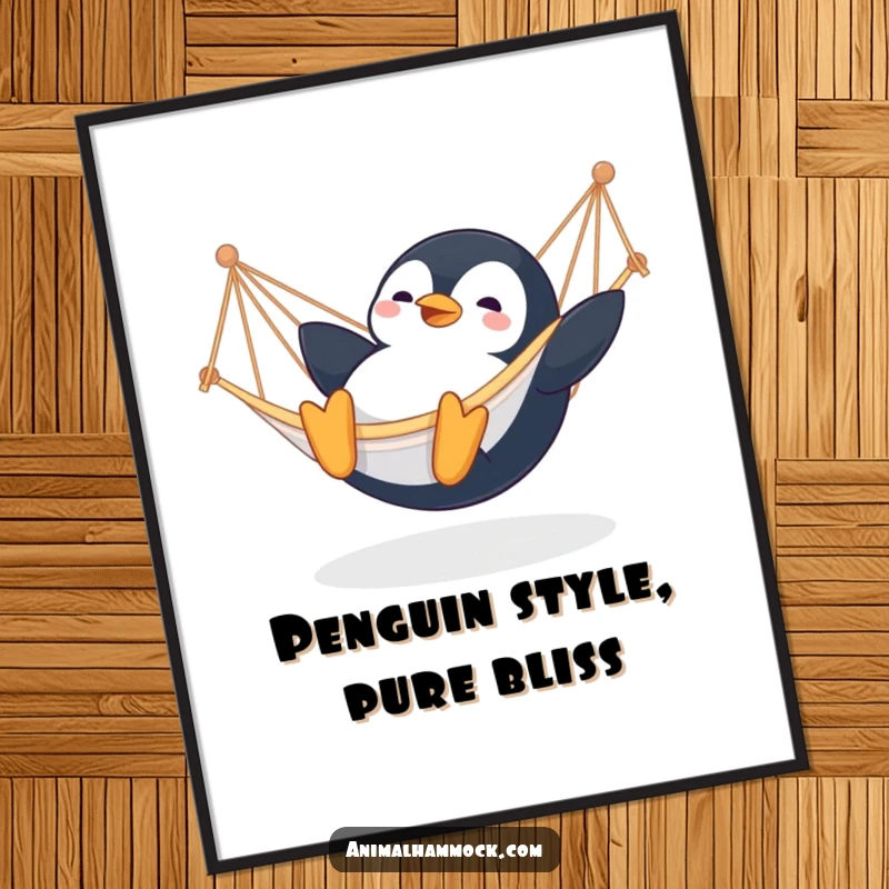 Funny Penguin Poster: A humorous artwork of a penguin sliding into a hammock, evoking comedic joy and arctic charm, perfect wall decor gift.