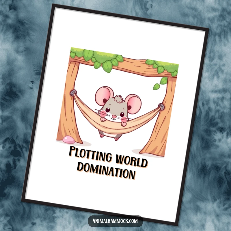 Funny poster artwork of a determined mouse character peeking out from under a hammock, symbolizing quiet observation.