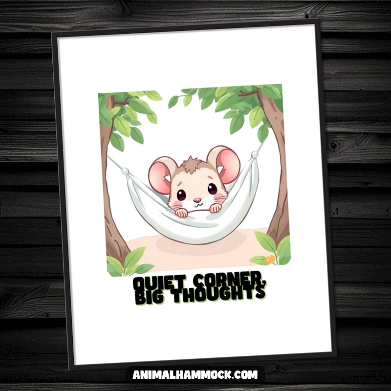 Funny, curious mouse peeking from under a hammock blanket, presented as charming wall art for a playful space.