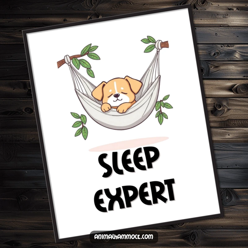 Funny poster art captures a small dog in a deep, peaceful sleep within a comfortable hammock, evoking serenity. Perfect decor.