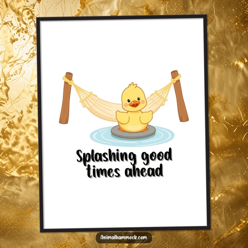 Funny Duckling Poster: A humorous artwork of a playful duckling paddling near a hammock, evoking comedic joy and water charm, perfect wall decor gift.
