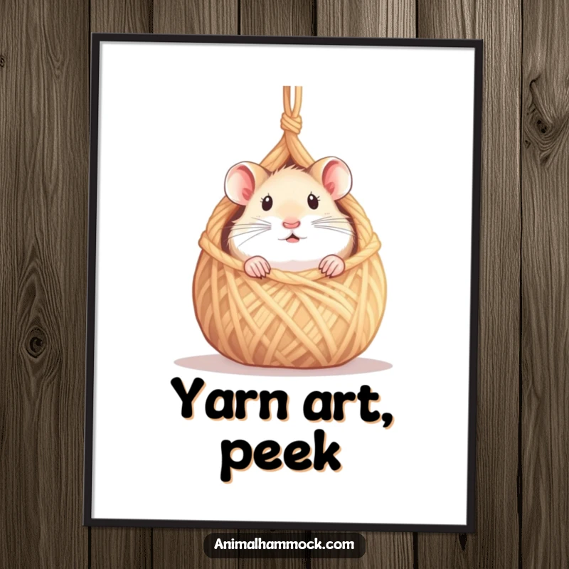 Funny hamster poster displaying a curious hamster peeking from a tiny hammock made of yarn, adding humor to decor, a great funny gift.