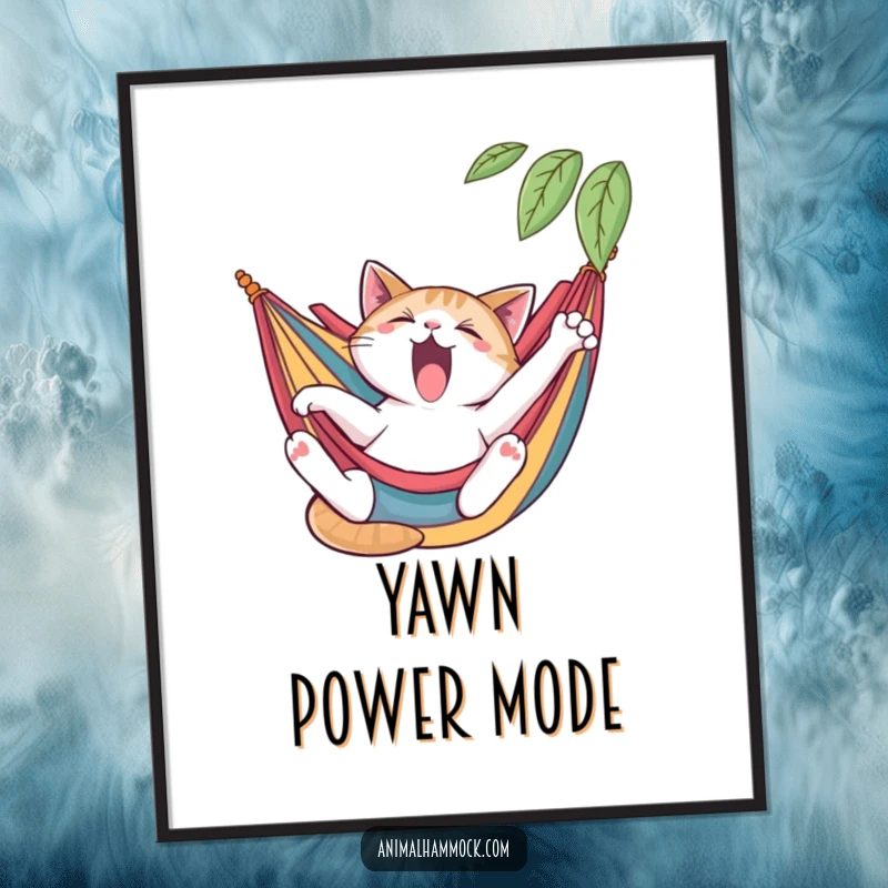Funny cat poster displaying a yawning cat stretching languidly in a colorful hammock, adding humor to decor, a great funny gift.