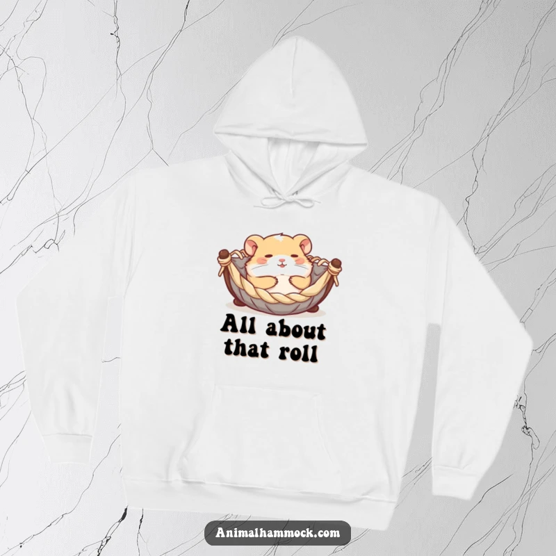 Funny contented hamster rolling joyfully in a miniature hammock, printed on a warm hoodie, radiating warmth, happiness, and playful energy.