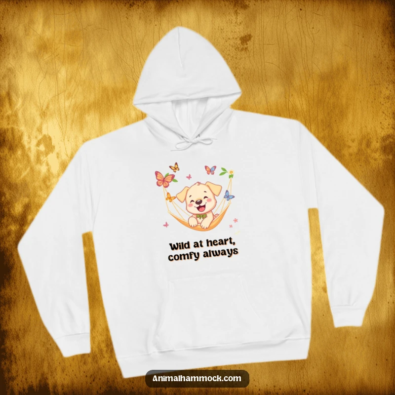 Funny Puppy Hoodie: A playful puppy gleefully chasing butterflies beside a hammock, radiating comedic joy and outdoor adventure, an excellent funny gift.