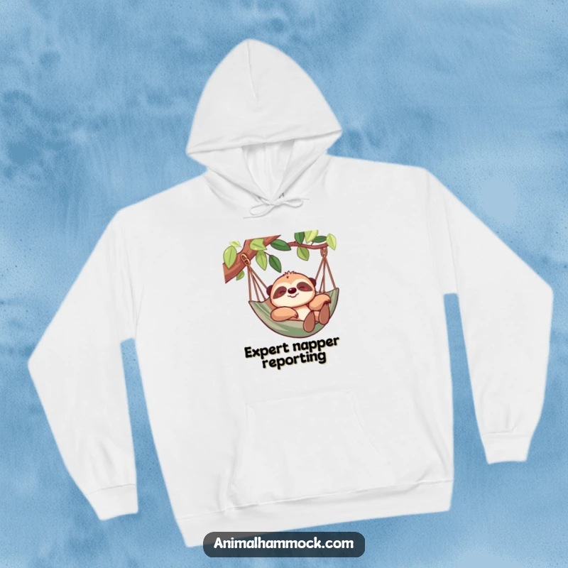 Funny sloth hoodie of a cheerful sloth contentedly resting in a hammock, offering warmth and humor. A perfect cozy companion.