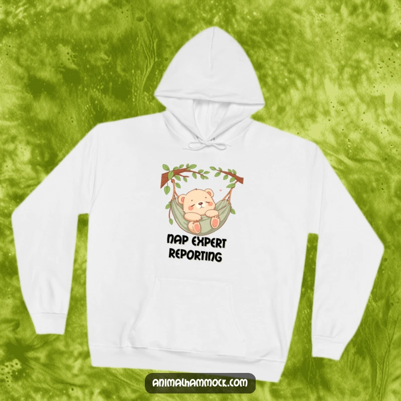 Funny Bear Cub Hammock Hoodie showing a content bear cub napping soundly in a hammock, perfect for cozying up.