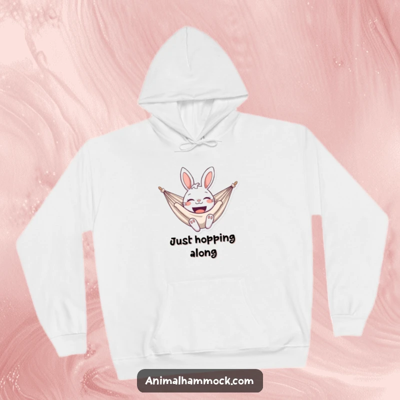 Funny bunny hoodie of a delighted bunny smiling broadly in a hammock, offering warmth and cheerful humor. A cozy and cute item.