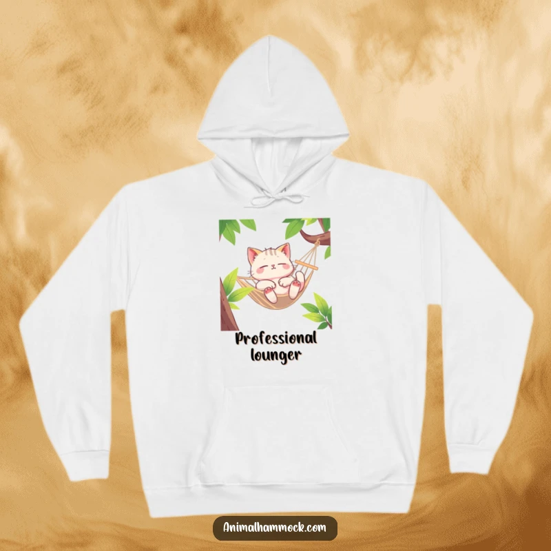Funny Cat Hoodie, a euphoric cat deeply lounging in a swaying hammock, radiating happiness and supreme comfort.