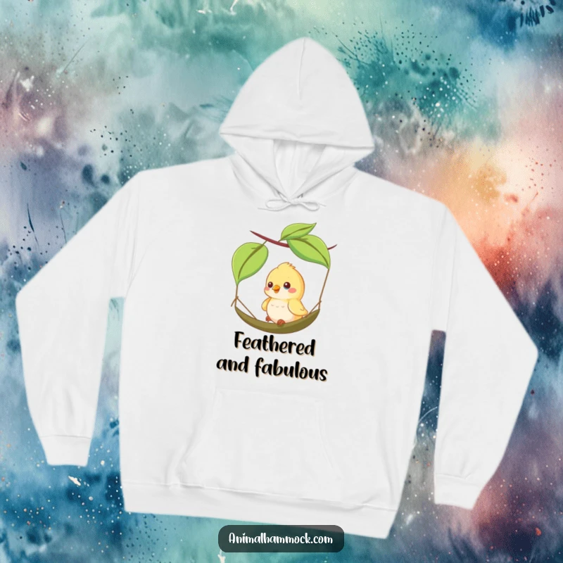 Funny hoodie with a happy bird character actively swinging on a tiny leaf hammock, symbolizing carefree joy and a lighthearted spirit.