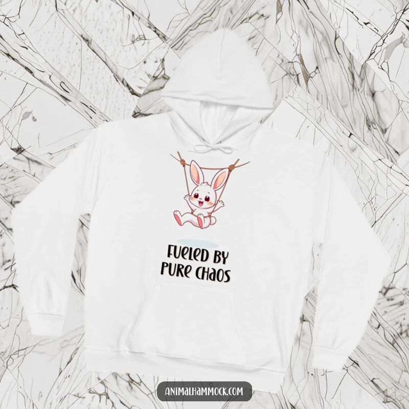 Funny hoodie with a happy bunny character energetically kicking its legs while suspended in a hammock, radiating pure, infectious glee.