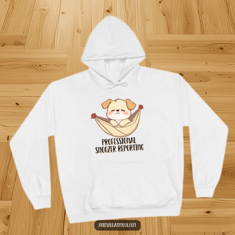 Funny puppy hoodie of a giggling puppy sleeping soundly in a hammock, offering warmth and adorable humor. A cozy companion.