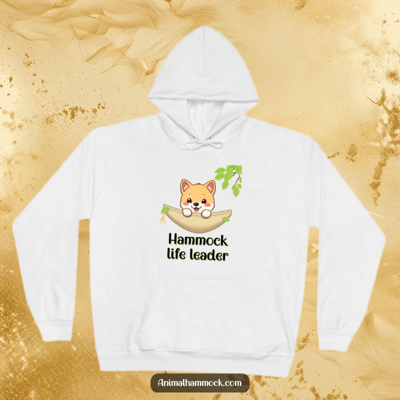 Funny Shiba Inu hoodie with a playful puppy cheerfully peeking over a hammock, perfect for cozy days, a unique funny gift.