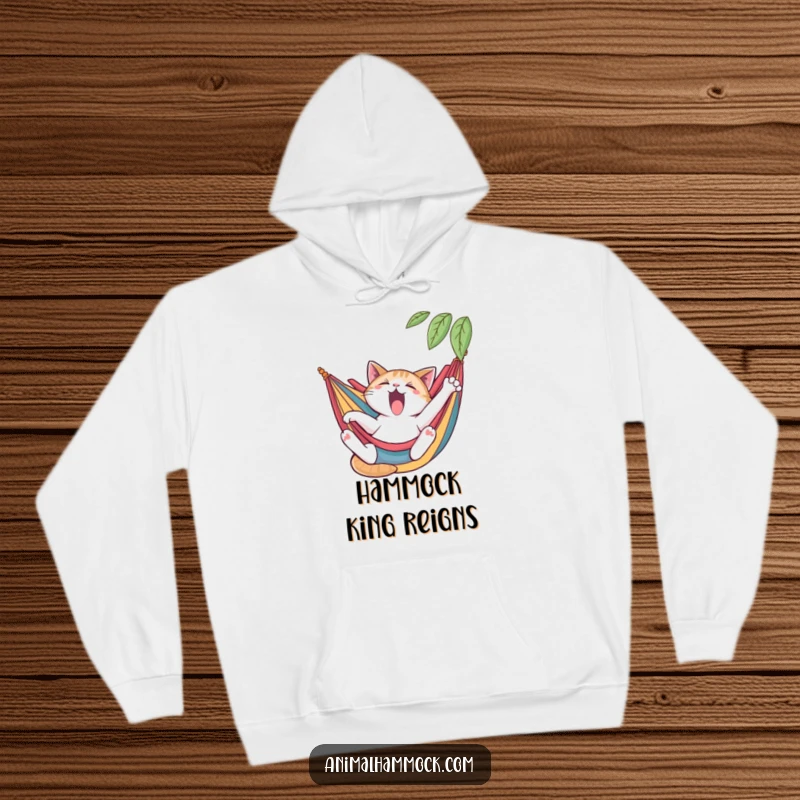 Funny cat hoodie with a yawning cat stretching languidly in a colorful hammock, perfect for cozy days, a unique funny gift.