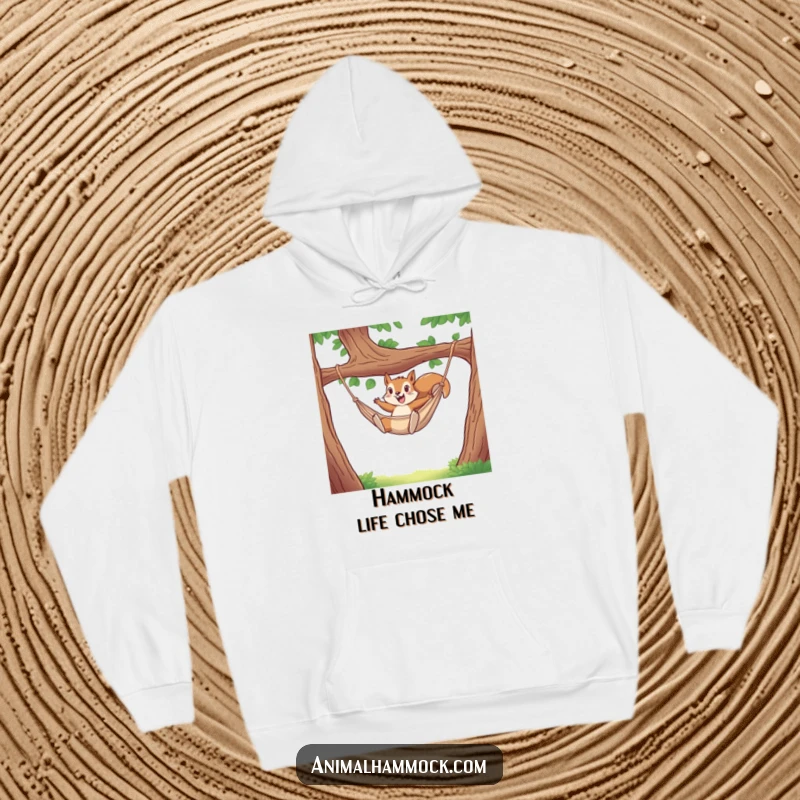 Funny hoodie depicting a happy squirrel dramatically diving into a hammock, perfect for comfy, humorous relaxation. A delightful gift idea.