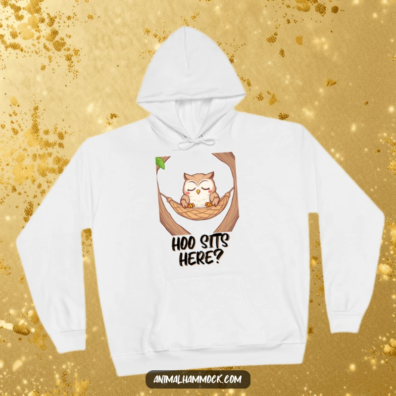 Funny contented owl with closed eyes nestled comfortably in a woven hammock, featured on this warm hoodie.