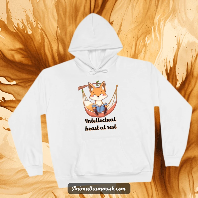 Funny smiling fox with long ears reading a book while relaxing in a hammock, featured on this warm hoodie.