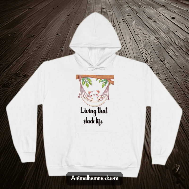 Funny hoodie illustration of a cute animal blissfully stretching in a gently swaying hammock, embodying hilarious relaxation and cozy vibes.