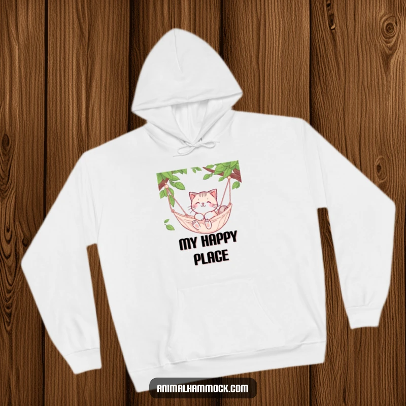 Funny Cat Hoodie: A cute cat character is happily snuggled in a gently swaying hammock, looking cozy and content.