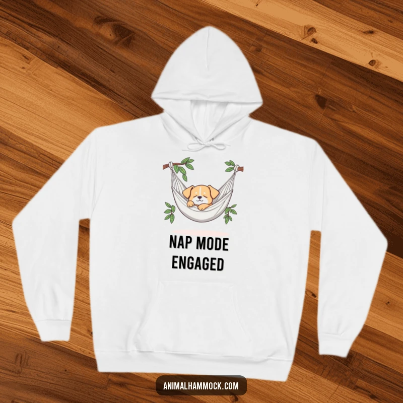 Funny hoodie depicting a small dog sleeping soundly in a hammock, offering supreme comfort and a dose of adorable humor. Wonderful gift.