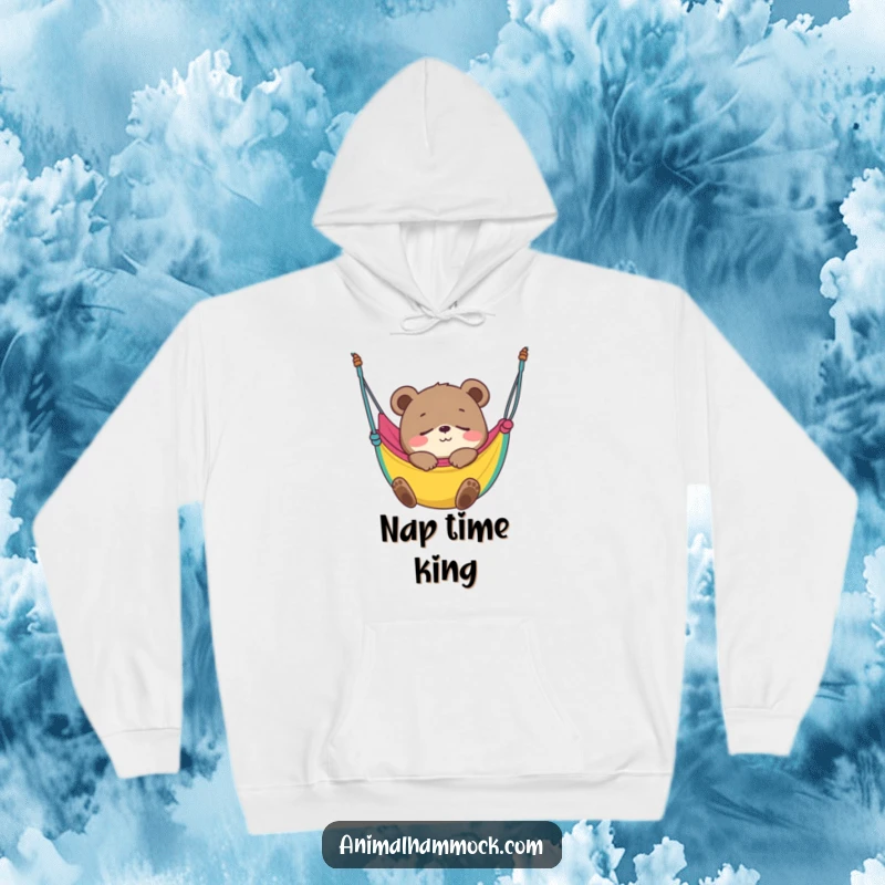 Funny Bear Cub Hoodie showing a smiling cub blissfully fast asleep in a colorful hammock, offering warmth and humorous charm.