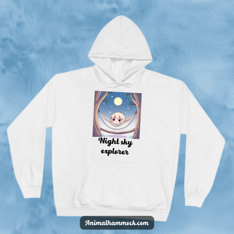 Funny hoodie depicting a cute character blissfully stargazing from a hammock under a serene, moonlit night sky, capturing a sense of calm.