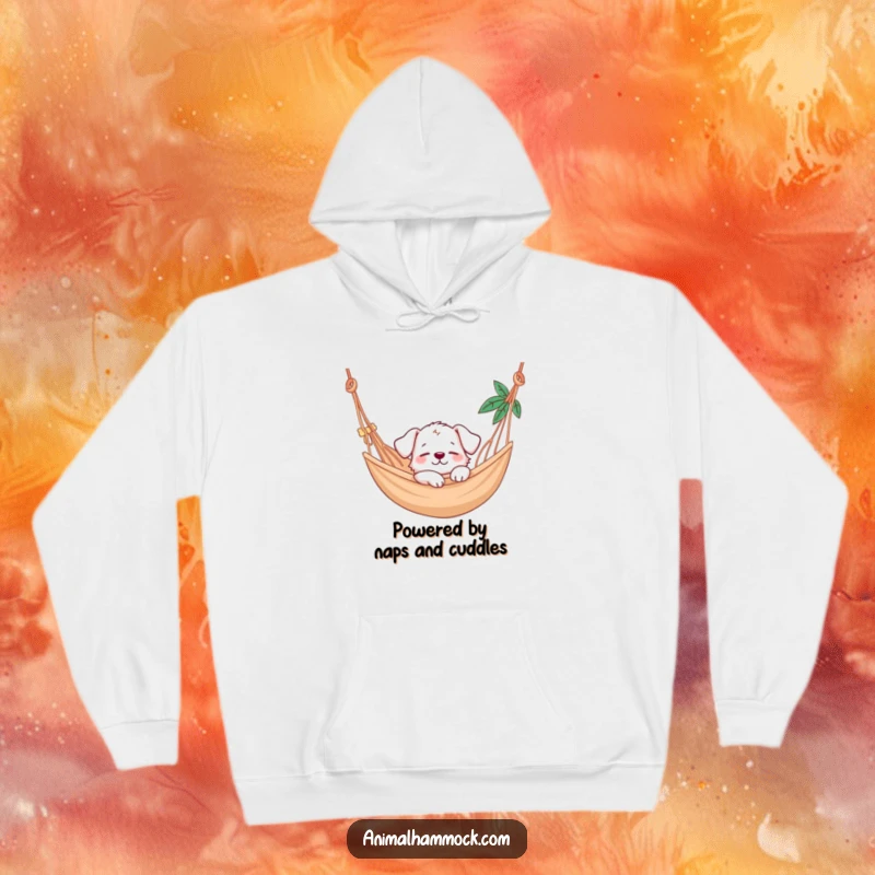 Funny puppy character enjoying a peaceful nap in a hammock, designed for ultimate comfort and humor on a cozy hoodie.