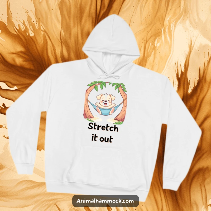 Funny Puppy Hoodie featuring a playful dog doing a joyful stretch while lounging in a hammock, offering warmth and humorous charm.