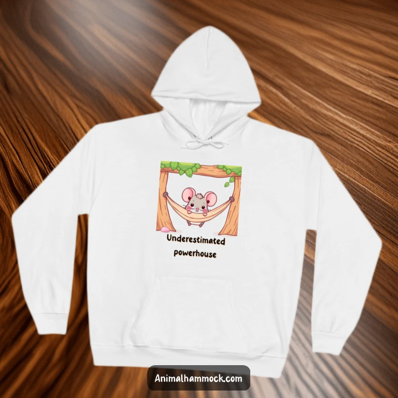 Funny hoodie featuring a determined mouse character peeking out from under a hammock, perfect for cozy contemplation.