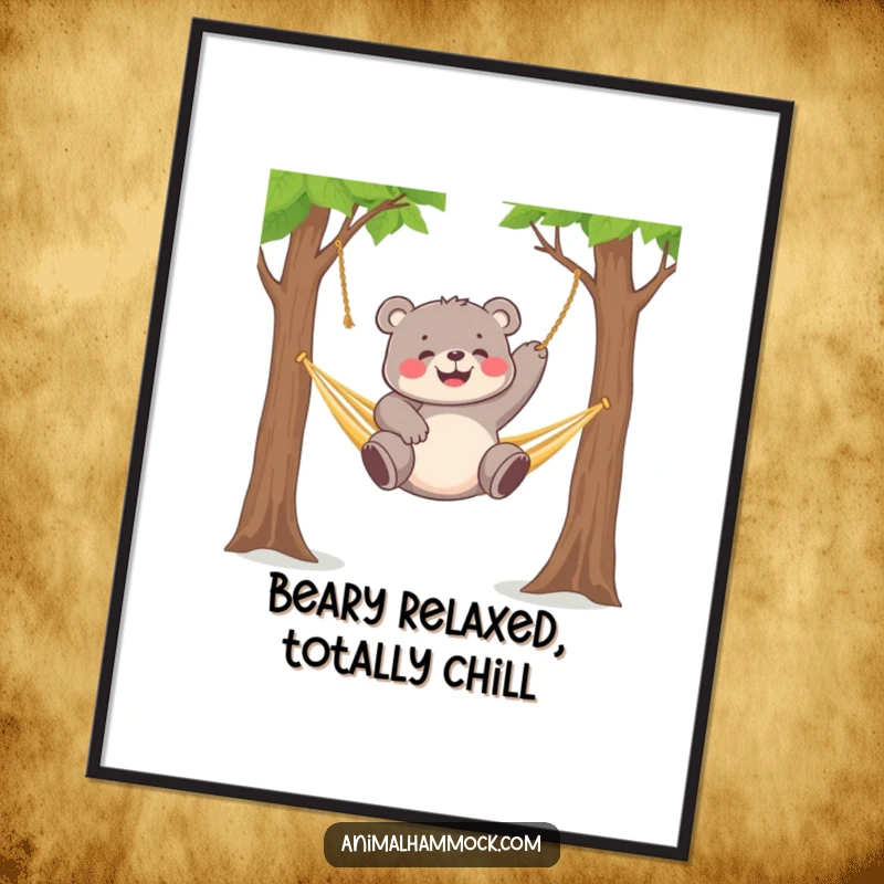 Funny Free Printable Wall Art: Energetic chubby bear cub gleefully dangling from a hammock between trees.