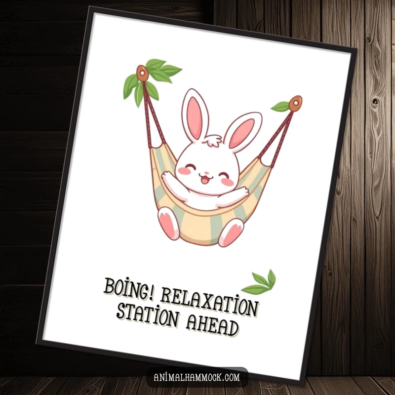 Funny Free Printable Wall Art: Cheerful bunny character bouncing gently in a striped hammock, exuding playful energy.