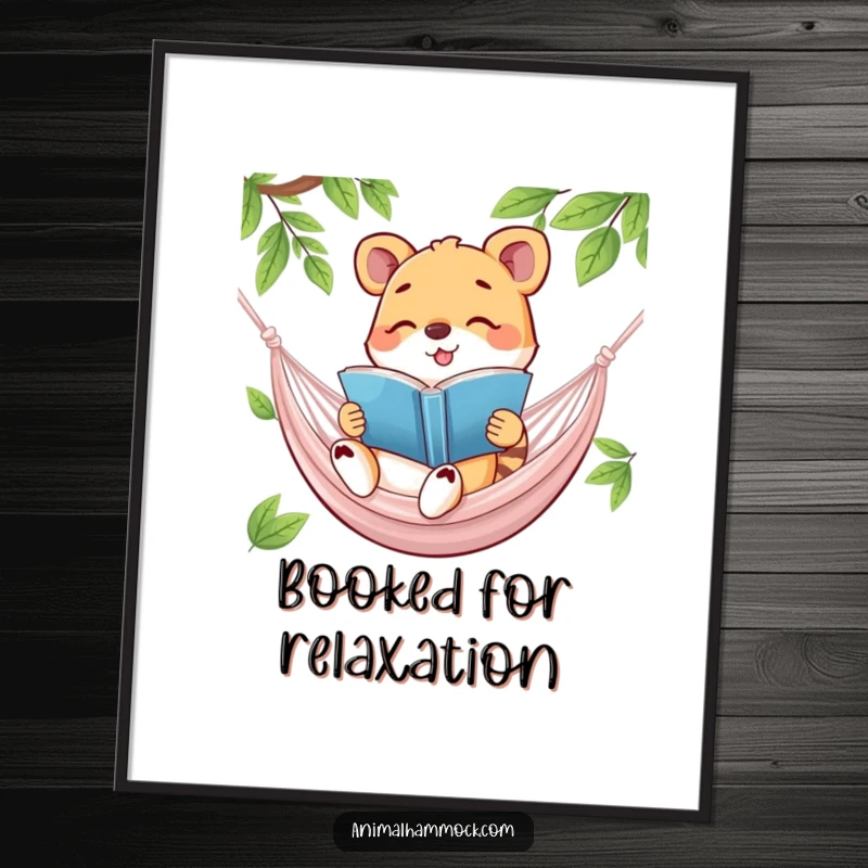 Funny Free Printable Wall Art: A happy animal absorbed in reading a book while lounging cozily in a gently swaying hammock.