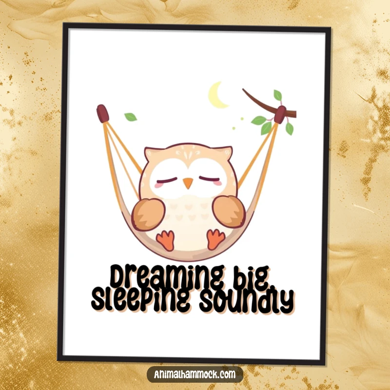 Funny Free Printable Wall Art: A round owl blissfully dreaming while floating in a hammock, humorous downloadable decor.