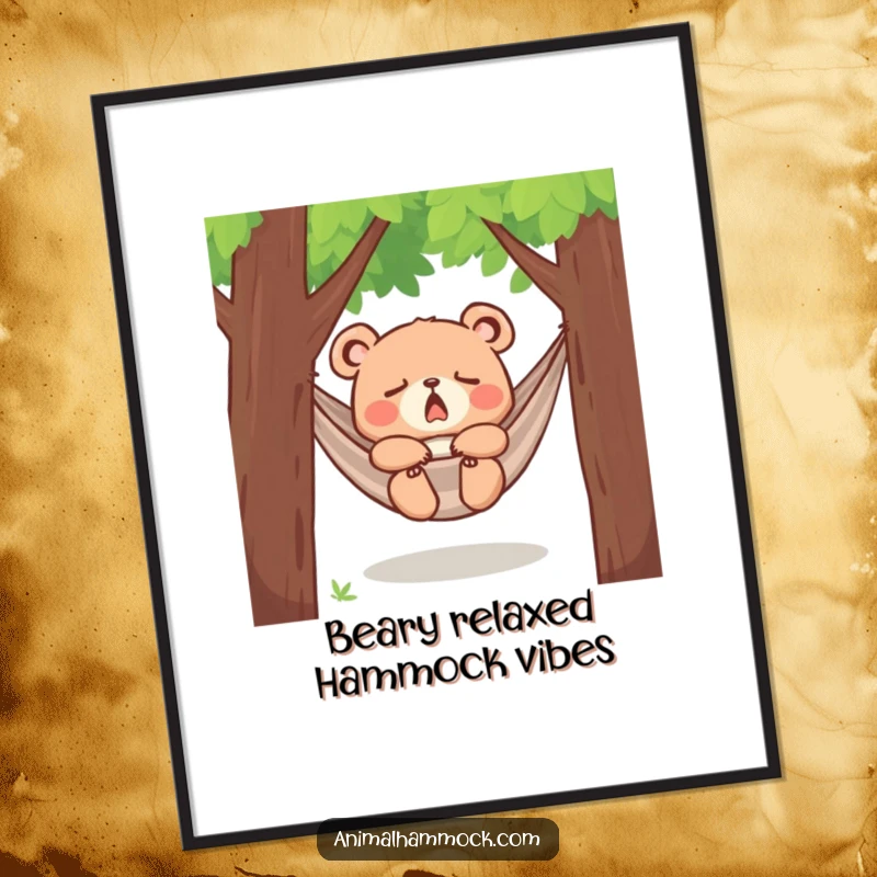 Funny Free Printable Wall Art: A yawning bear cub peacefully dozing in a hammock between trees, creating a serene, humorous atmosphere.