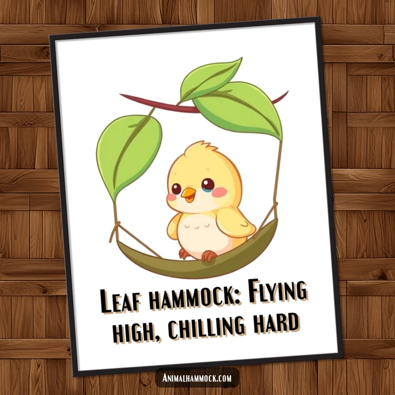Funny Free Printable Wall Art: A happy little bird joyfully swinging back and forth on a tiny leaf hammock, bringing cheer.