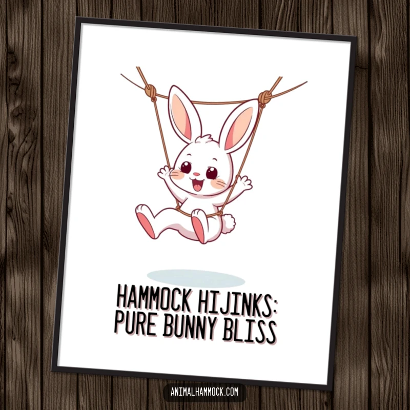 Funny Free Printable Wall Art: A lively bunny dangling from a hammock, kicking its legs with pure glee and excitement.