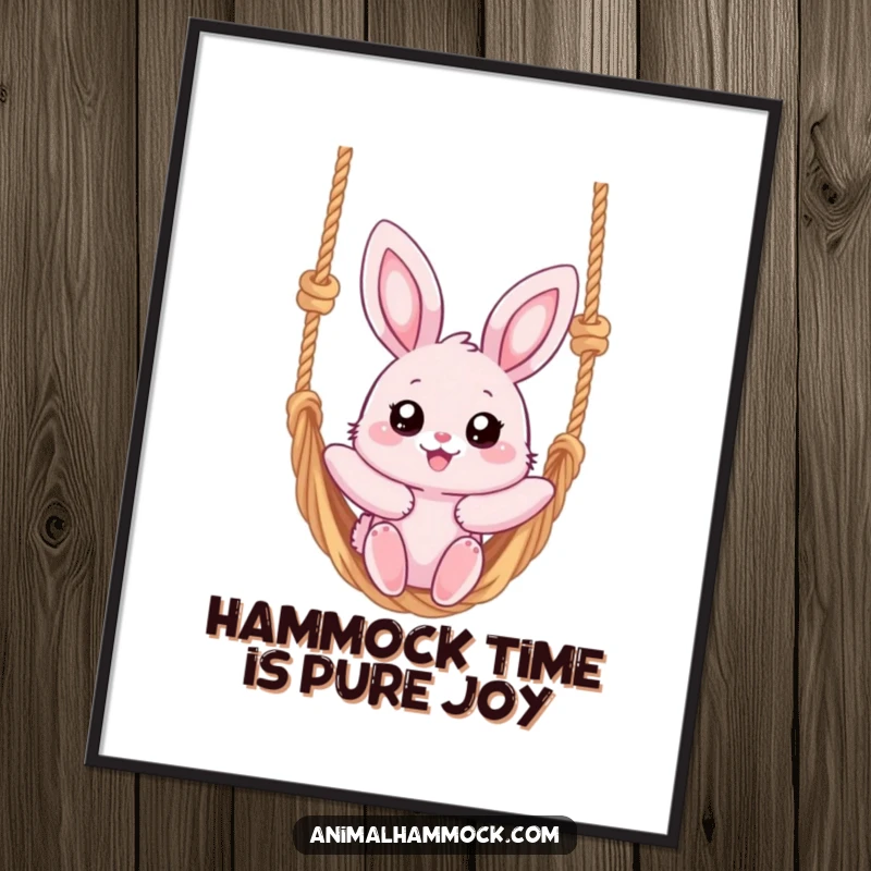 Funny Free Printable Wall Art: Fluffy pink bunny with big eyes swinging high on a rope hammock. Cozy decor.