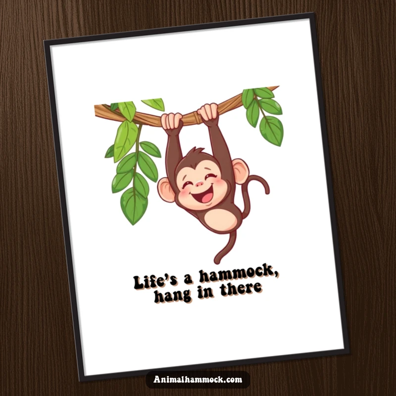 Funny Free Printable Wall Art: Adorable giggling monkey dangling upside down from a hammock, creating a humorous and energetic downloadable art piece.
