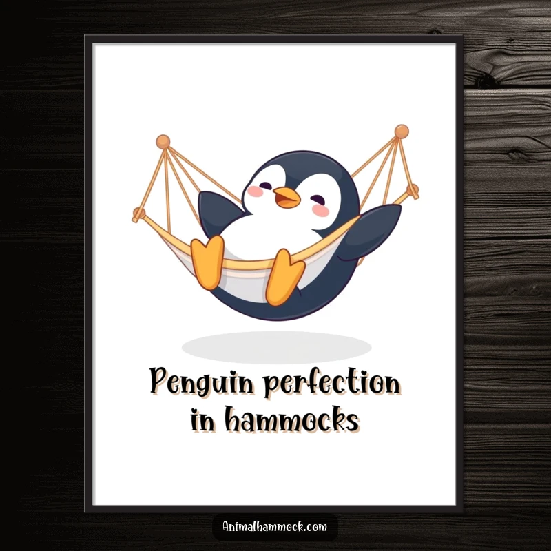 Funny Free Printable Wall Art of a contented penguin gleefully sliding into a hammock, embodying pure relaxed joy.