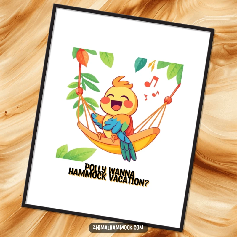 Funny Free Printable Wall Art: A joyous parrot perched in a brightly colored hammock, singing a cheerful tune, bringing tropical vibes.