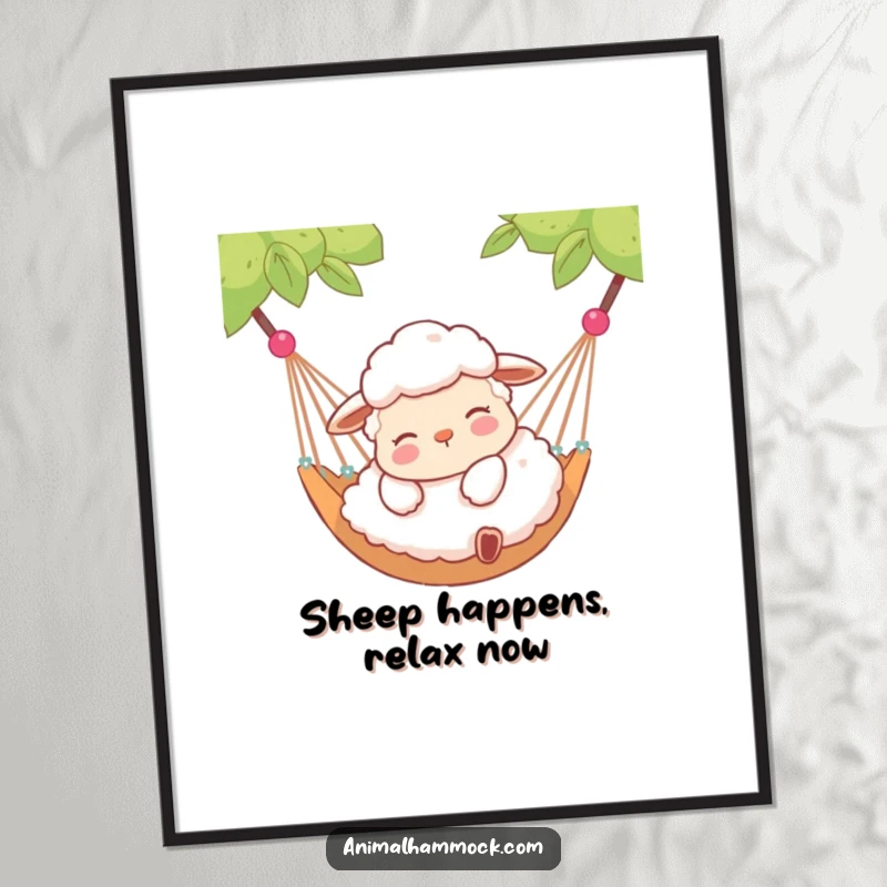 Funny Free Printable Wall Art of a contented sheep peacefully lying in a hammock, exuding calm and coziness.