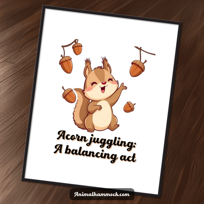 Funny free printable wall art of a squirrel character energetically juggling acorns while suspended, adding a quirky touch.