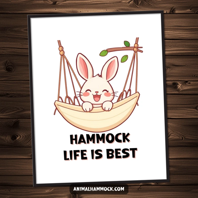Funny Free Printable Wall Art: A joyful rabbit peeking over the edge of a comfy hammock.