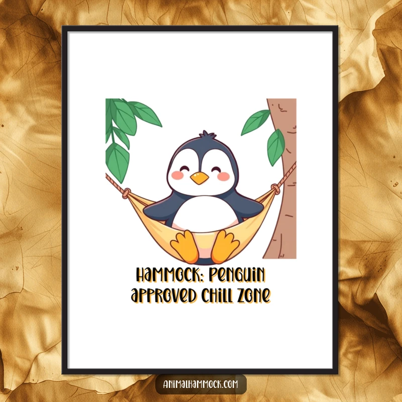 Funny Free Printable Wall Art: A proud penguin sitting upright and smiling contentedly in a hammock, radiating relaxation.