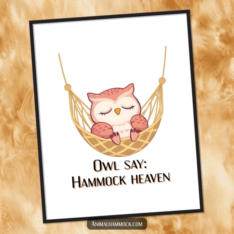Funny Free Printable Wall Art: A sleepy owl dozing soundly in a woven hammock, perfect for a serene wall display.