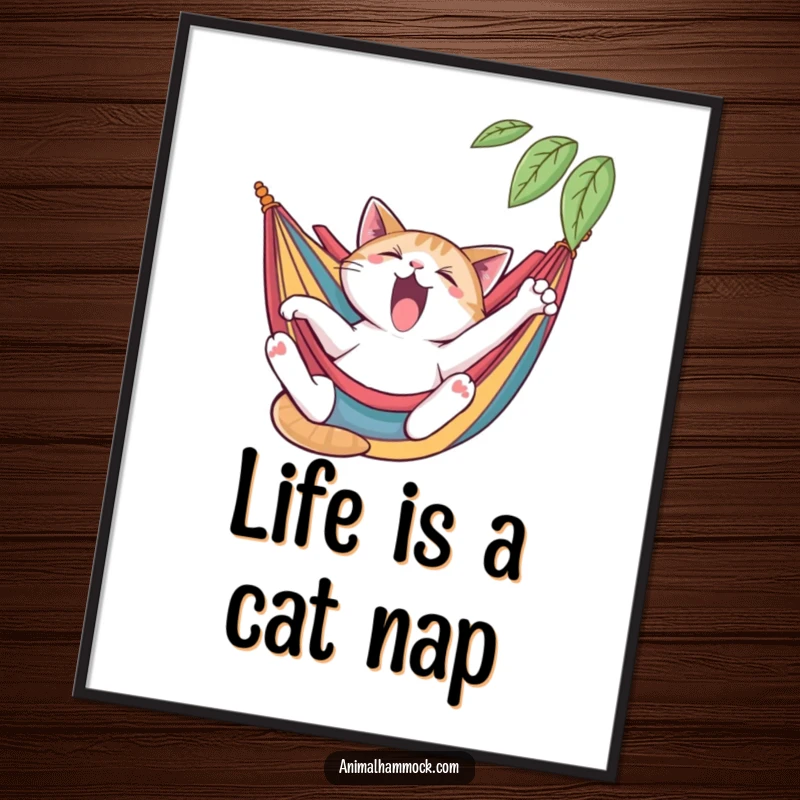 Funny Free Printable Wall Art: A yawning cat stretching out languidly, completely relaxed in a colorful hammock.